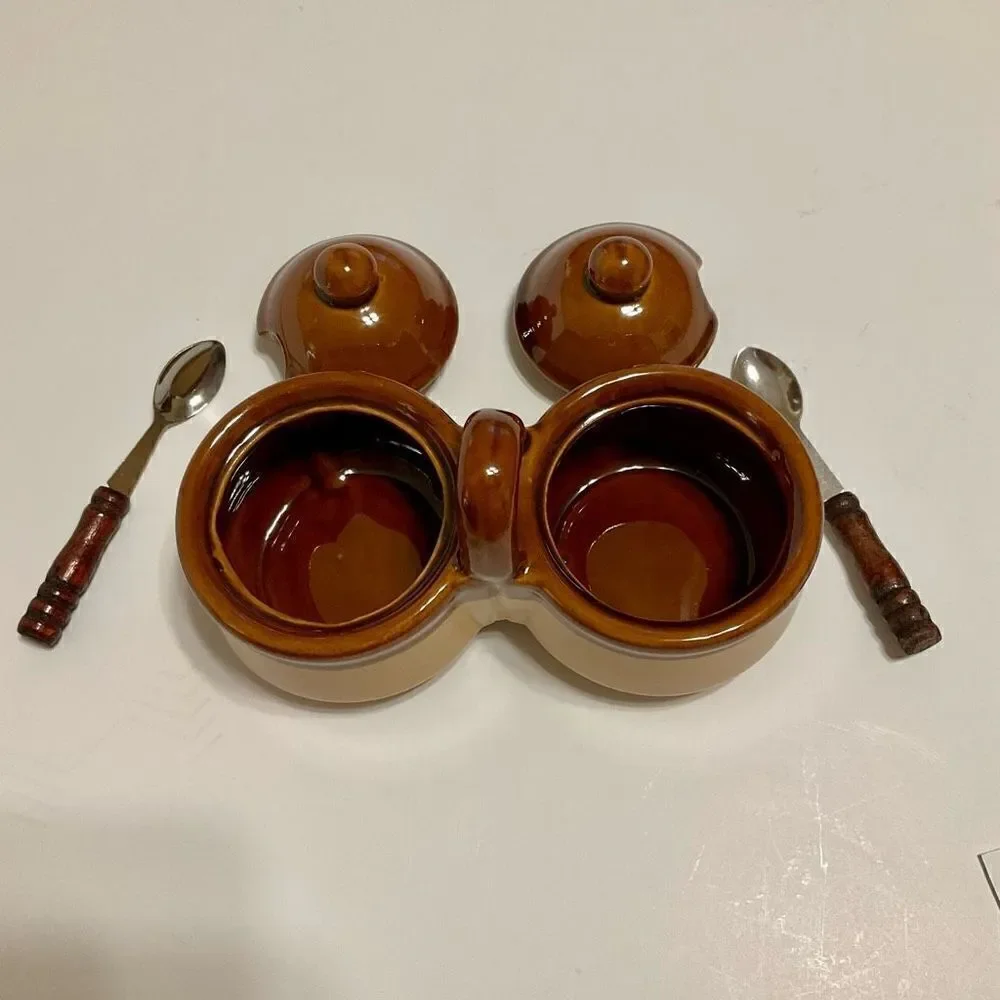 Vintage Double Condiment Jars with Lids and Spoons